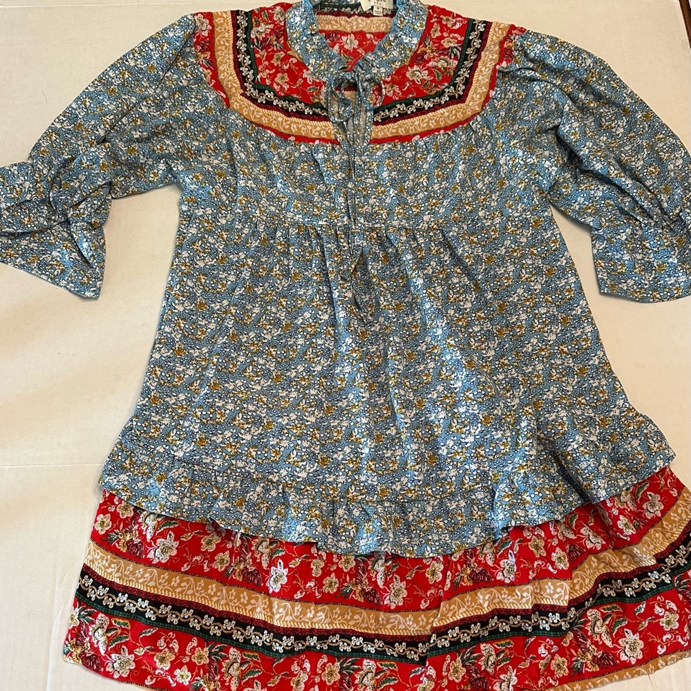 Umgee Floral Mini Dress Prairie Blue and Red